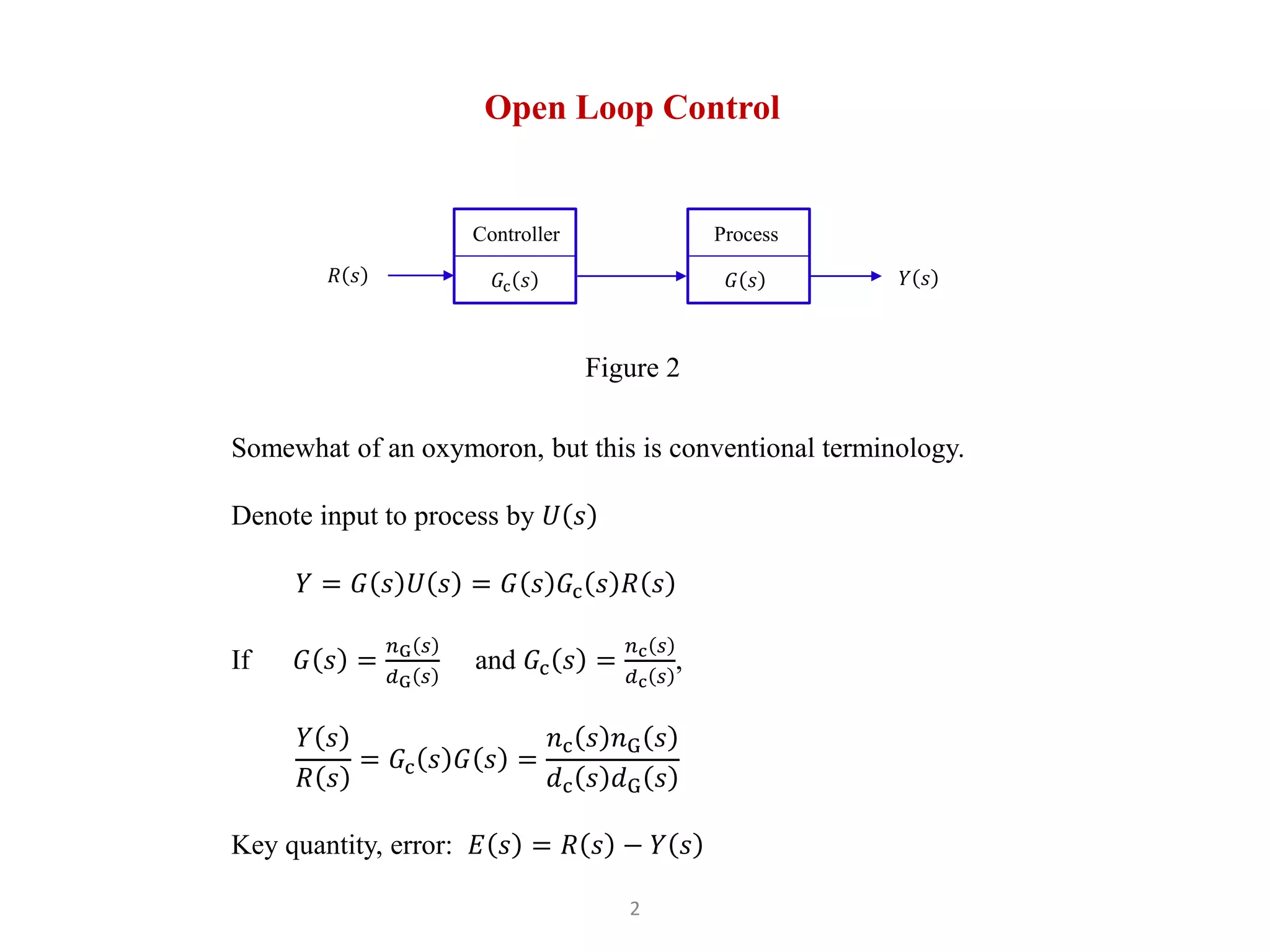 2
Open Loop Control
Somewhat of an oxymoron, but this is conventional terminology.
Denote input to process by 𝑈 𝑠
𝑌 = 𝐺 𝑠 𝑈 𝑠 = 𝐺 𝑠 𝐺c 𝑠 𝑅 𝑠
If 𝐺 𝑠 =
𝑛G 𝑠
𝑑G 𝑠
and 𝐺c 𝑠 =
𝑛c 𝑠
𝑑c 𝑠
,
𝑌 𝑠
𝑅 𝑠
= 𝐺c 𝑠 𝐺 𝑠 =
𝑛c 𝑠 𝑛G 𝑠
𝑑c 𝑠 𝑑G 𝑠
Key quantity, error: 𝐸 𝑠 = 𝑅 𝑠 − 𝑌 𝑠
𝐺c 𝑠
Controller
𝑌 𝑠
𝑅 𝑠
Figure 2
𝐺 𝑠
Process
 