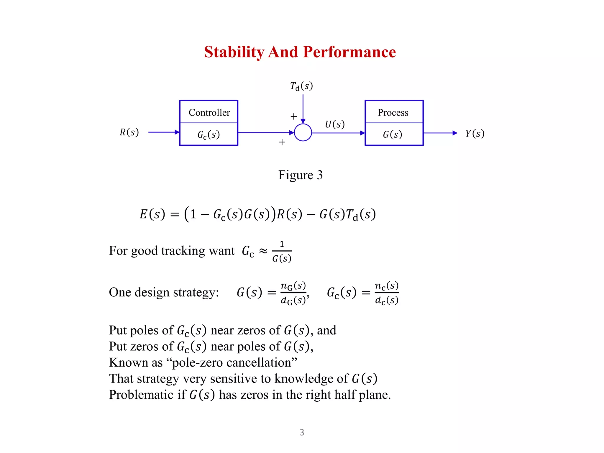 3
Stability And Performance
𝐸 𝑠 = 1 − 𝐺c 𝑠 𝐺 𝑠 𝑅 𝑠 − 𝐺 𝑠 𝑇d 𝑠
For good tracking want 𝐺c ≈
1
𝐺 𝑠
One design strategy: 𝐺 𝑠 =
𝑛G 𝑠
𝑑G 𝑠
, 𝐺c 𝑠 =
𝑛c 𝑠
𝑑c 𝑠
Put poles of 𝐺c 𝑠 near zeros of 𝐺 𝑠 , and
Put zeros of 𝐺c 𝑠 near poles of 𝐺 𝑠 ,
Known as “pole-zero cancellation”
That strategy very sensitive to knowledge of 𝐺 𝑠
Problematic if 𝐺 𝑠 has zeros in the right half plane.
𝐺c 𝑠
Controller
𝑌 𝑠
𝑅 𝑠
𝑈 𝑠
Figure 3
𝐺 𝑠
Process
+
+
𝑇d 𝑠
 
