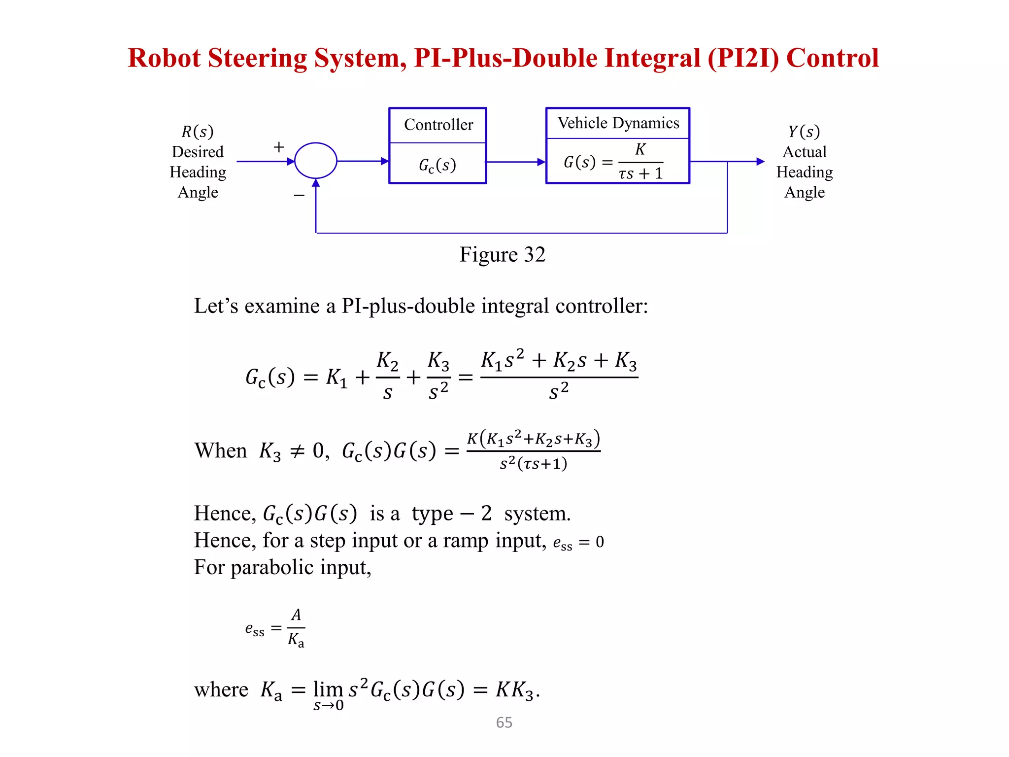 65
Robot Steering System, PI-Plus-Double Integral (PI2I) Control
𝐺c 𝑠
Controller 𝑌 𝑠
Actual
Heading
Angle
+
−
𝑅 𝑠
Desired
Heading
Angle
Figure 32
𝐺 𝑠 =
𝐾
𝜏𝑠 + 1
Vehicle Dynamics
Let’s examine a PI-plus-double integral controller:
𝐺c 𝑠 = 𝐾1 +
𝐾2
𝑠
+
𝐾3
𝑠2
=
𝐾1𝑠2
+ 𝐾2𝑠 + 𝐾3
𝑠2
When 𝐾3 ≠ 0, 𝐺c 𝑠 𝐺 𝑠 =
𝐾 𝐾1𝑠2+𝐾2𝑠+𝐾3
𝑠2 𝜏𝑠+1
Hence, 𝐺c 𝑠 𝐺 𝑠 is a type − 2 system.
Hence, for a step input or a ramp input, 𝑒ss = 0
For parabolic input,
𝑒ss =
𝐴
𝐾a
where 𝐾a = lim
𝑠→0
𝑠2
𝐺c 𝑠 𝐺 𝑠 = 𝐾𝐾3.
 
