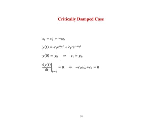 26
Critically Damped Case
𝑠1 = 𝑠2 = −𝜔𝑛
𝑦 𝑡 = 𝑐1e𝜔𝑛𝑡
+ 𝑐2𝑡e−𝜔𝑛𝑡
𝑦 0 = 𝑦0 ⇒ 𝑐1 = 𝑦0
d𝑦 𝑡
d𝑡 𝑡=0
= 0 ⇒ −𝑐1𝜔𝑛 +𝑐2 = 0
 