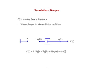 3
Translational Damper
𝐹 𝑡 : resultant force in direction 𝑥
• Viscous damper. 𝑏: viscous friction coefficient
𝐹 𝑡 = 𝑏
d𝑥2 𝑡
d𝑡
−
d𝑥1 𝑡
d𝑡
= 𝑏 𝑣2 𝑡 − 𝑣1 𝑡
𝑥 𝑥1 𝑡 𝑥2 𝑡
𝐹 𝑡
 