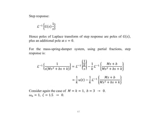 47
Step response:
ℒ−1
𝐺 𝑠
1
𝑠
Hence poles of Laplace transform of step response are poles of 𝐺 𝑠 ,
plus an additional pole at 𝑠 = 0.
For the mass-spring-damper system, using partial fractions, step
response is:
ℒ−1
1
𝑠 𝑀𝑠2 + 𝑏𝑠 + 𝑘
= ℒ−1
1
𝑘
𝑠
−
1
𝑘
ℒ−1
𝑀𝑠 + 𝑏
𝑀𝑠2 + 𝑏𝑠 + 𝑘
=
1
𝑘
𝑢 𝑡 −
1
𝑘
ℒ−1
𝑀𝑠 + 𝑏
𝑀𝑠2 + 𝑏𝑠 + 𝑘
Consider again the case of 𝑀 = 𝑘 = 1, 𝑏 = 3 → 0.
𝜔𝑛 = 1, 𝜁 = 1.5 → 0.
 