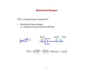 6
Rotational Damper
𝑇 𝑡 : resultant torque in direction 𝜃
• Rotational viscous damper.
𝑏: rotational viscous friction coefficient
𝜃
𝜃1 𝑡 𝜃2 𝑡 𝑇 𝑡
𝑇 𝑡 = 𝑏
d𝜃2 𝑡
d𝑡
−
d𝜃1 𝑡
d𝑡
= 𝑏 𝜔2 𝑡 − 𝜔1 𝑡
 