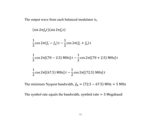 40
The output wave from each balanced modulator is,
sin 2π𝑓a𝑡 sin 2π𝑓c𝑡
1
2
cos 2π 𝑓c − 𝑓a 𝑡 −
1
2
cos 2π 𝑓c + 𝑓a 𝑡
1
2
cos 2π 70 − 2.5 MHz 𝑡 −
1
2
cos 2π 70 + 2.5 MHz 𝑡
1
2
cos 2π 67.5 MHz 𝑡 −
1
2
cos 2π 72.5 MHz 𝑡
The minimum Nyquist bandwidth, 𝑓N = 72.5 − 67.5 MHz = 5 MHz
The symbol rate equals the bandwidth, symbol rate = 5 Megabaud
 