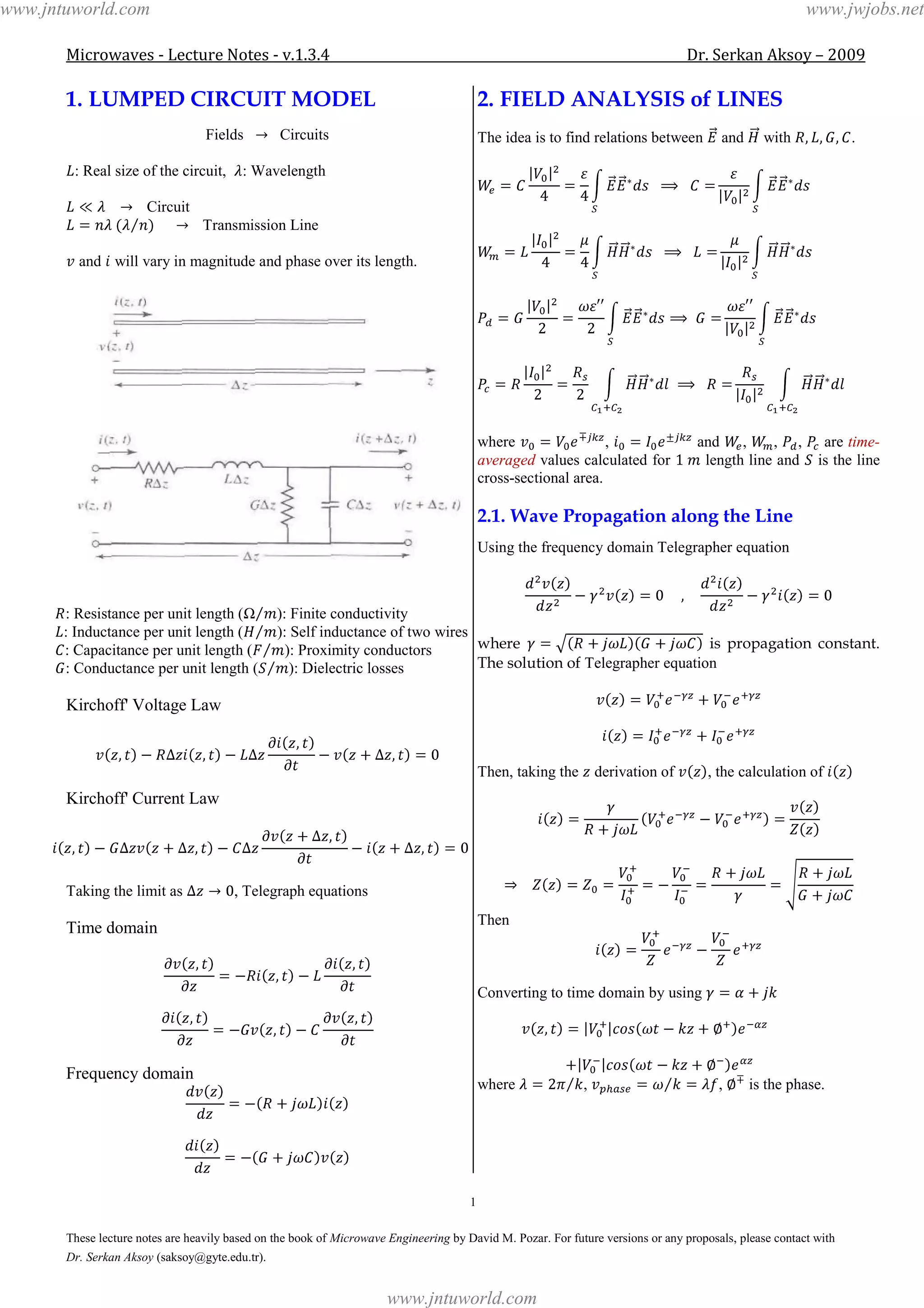 Microwaves - Lecture Notes - v.1.3.4 Dr. Serkan Aksoy – 2009
1
These lecture notes are heavily based on the book of Microwave Engineering by David M. Pozar. For future versions or any proposals, please contact with
Dr. Serkan Aksoy (saksoy@gyte.edu.tr).
1. LUMPED CIRCUIT MODEL
Fields Circuits
: Real size of the circuit, : Wavelength
Circuit
Transmission Line
and will vary in magnitude and phase over its length.
: Resistance per unit length ( ): Finite conductivity
: Inductance per unit length ( ): Self inductance of two wires
: Capacitance per unit length ( ): Proximity conductors
: Conductance per unit length ( ): Dielectric losses
Kirchoff' Voltage Law
Kirchoff' Current Law
Taking the limit as , Telegraph equations
Time domain
Frequency domain
2. FIELD ANALYSIS of LINES
The idea is to find relations between and with .
where , and , , , are time-
averaged values calculated for length line and is the line
cross-sectional area.
2.1. Wave Propagation along the Line
Using the frequency domain Telegrapher equation
where is propagation constant.
The solution of Telegrapher equation
Then, taking the derivation of , the calculation of
Then
Converting to time domain by using
where , , is the phase.
www.jntuworld.com
www.jntuworld.com
www.jwjobs.net
 
