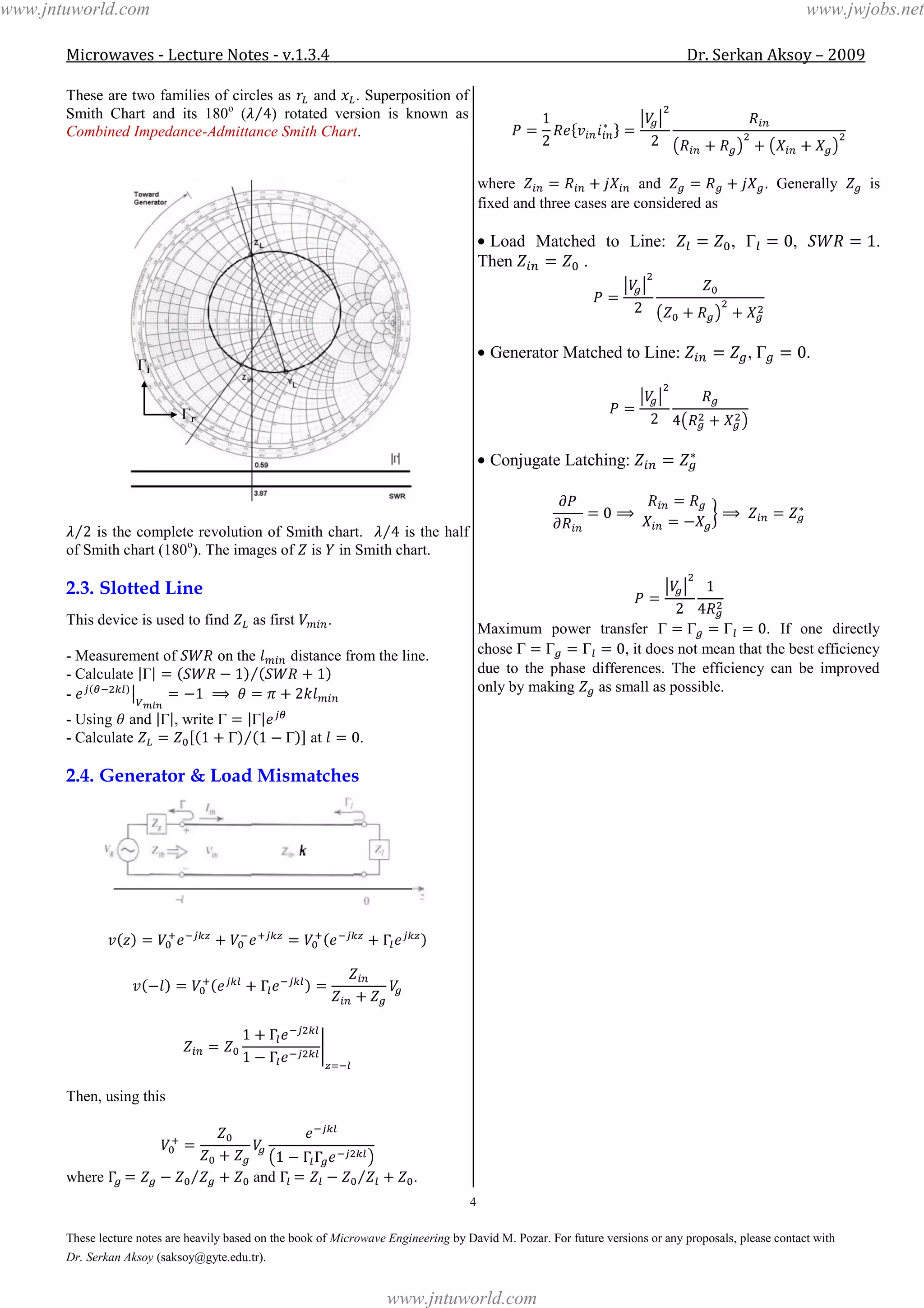 Microwaves - Lecture Notes - v.1.3.4 Dr. Serkan Aksoy – 2009
4
These lecture notes are heavily based on the book of Microwave Engineering by David M. Pozar. For future versions or any proposals, please contact with
Dr. Serkan Aksoy (saksoy@gyte.edu.tr).
These are two families of circles as and . Superposition of
Smith Chart and its 180o
( ) rotated version is known as
Combined Impedance-Admittance Smith Chart.
is the complete revolution of Smith chart. is the half
of Smith chart (180o
). The images of is in Smith chart.
2.3. Slotted Line
This device is used to find as first .
- Measurement of on the distance from the line.
- Calculate
-
- Using and , write
- Calculate at .
2.4. Generator & Load Mismatches
Then, using this
where and .
where and . Generally is
fixed and three cases are considered as
Load Matched to Line: , , .
Then .
Generator Matched to Line: , .
Conjugate Latching:
Maximum power transfer . If one directly
chose , it does not mean that the best efficiency
due to the phase differences. The efficiency can be improved
only by making as small as possible.
www.jntuworld.com
www.jntuworld.com
www.jwjobs.net
 