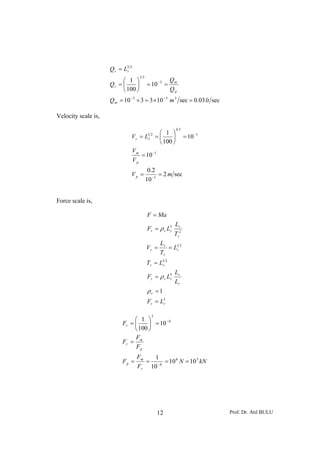 Q r = L5 2
                            r
                                    2.5
                          ⎛ 1 ⎞                        Qm
                     Qr = ⎜     ⎟         = 10 −5 =
                          ⎝ 100 ⎠                      Qp
                     Q m = 10 −5 × 3 = 3 ×10 −5 m 3 sec = 0.03 lt sec

Velocity scale is,

                                                           0.5
                                                 ⎛ 1 ⎞
                              Vr = L       12
                                           r    =⎜     ⎟         = 10 −1
                                                 ⎝ 100 ⎠
                              Vm
                                 = 10 −1
                              Vp
                                           0.2
                              Vp =              = 2 m sec
                                          10 −1


Force scale is,

                                          F = Ma
                                                        Lr
                                          Fr = ρ r L3
                                                    r
                                                        Tr2
                                                 Lr
                                          Vr =      = L1r 2
                                                 Tr
                                          Tr = L1r 2
                                                        Lr
                                          Fr = ρ r L3
                                                    r
                                                        Lr
                                          ρr =1
                                          Fr = L3
                                                r


                                            3
                               ⎛ 1 ⎞        −6
                          Fr = ⎜     ⎟ = 10
                               ⎝ 100 ⎠
                               F
                          Fr = m
                               Fp
                                  Fm   1
                          Fp =       = − 6 = 10 6 N = 10 3 kN
                                  Fr 10




                                                12                         Prof. Dr. Atıl BULU
 