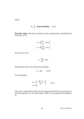 Where,


                             A
                        R=     = Hydraulic Radius            (2.33)
                             P


Hydraulic radius is the ratio of wetted area to the wetted perimeter. Substituting this
to the Equ. (2.32),


                                        ⎛ Δp           ⎞
                                 τ 0 = R⎜    − γ sin α ⎟
                                        ⎝ Δx           ⎠
                                         ⎛ Δp          ⎞
                                 τ 0 = γR⎜
                                         ⎜ γΔx − sin α ⎟
                                                       ⎟
                                         ⎝             ⎠

Since by Equ. (2.27),


                                         Δp
                                    J=       − sin α
                                         γΔx


Shearing stress on the wall of the non-circular pipe,

                                 τ 0 = γRJ       (2.34)

For circular pipes,


                               A πD 2 4 D
                           R=    =     =                   (2.35)
                               P   πD    4
                           D = 4R


This result is substituted (D=4R) to the all equations derived for the circular pipes to
obtain the equations for non-circular pipes. Table (2.3) is prepared for the equations
as,




                                            20                        Prof. Dr. Atıl BULU
 