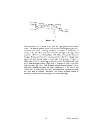 Figure 2.9


If the pressure head of water is less than the vapor pressure head of the
water ( -97 kPa or -950 cm water head at standard atmospheric pressure),
cavitation will occur. Generally, cavitation in conduits is undesirable. It
increases the head loss and cause structural damage to the pipe from
excessive vibration and pitting of pipe walls. If the pressure at a section in
the pipe decreases to the vapor pressure and stays that low, a large vapor
cavity can form leaving a gap of water vapor with columns of water on
either side of cavity. As the cavity grows in size, the columns of water
move away from each other. Often these of columns of water rejoin later,
and when they do, a very high dynamic pressure (water hammer) can be
generated, possibly rupturing the pipe. Furthermore, if the pipe is thin
walled, such as thin-walled steel pipe, sub-atmospheric pressure can cause
the pipe wall to collapse. Therefore, the design engineer should be
extremely cautious about negative pressure heads in the pipe.




                             23                            Prof. Dr. Atıl BULU
 