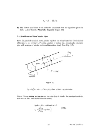 Prof. Dr. Atıl BULU19
JLhL = (2.31)
b) The friction coefficient f will either be calculated from the equations given in
Table (2.2) or from the Nikuradse diagram. (Figure 2.6)
2.5. Head Loss for Non-Circular Pipes
Pipes are generally circular. But a general equation can be derived if the cross-section
of the pipe is not circular. Let’s write equation of motion for a non-circular prismatic
pipe with an angle of α to the horizontal datum in a steady flow. Fig. (2.7).
Figure 2.7
( ) onacceleratiMassxAxPpAApp ×=Δ−Δ−−Δ+ αγτ sin0
Where P is the wetted perimeter and since the flow is steady, the acceleration of the
flow will be zero. The above equation is then,
⎟
⎠
⎞
⎜
⎝
⎛
−
Δ
Δ
=
=Δ−Δ−Δ
αγτ
αγτ
sin
0sin
0
0
x
p
P
A
xAxPpA
(2.32)
A
xAW Δ= γ
ατ0
p+Δp
p
Flow
P=Wetted
Perimeter
Δx
 