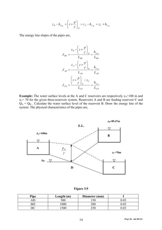⎛    p⎞
                                       ⎜
                         z B − h LBD = ⎜ z + ⎟ = z A − h L AD = z C + h LCD
                                       ⎝    γ ⎟D
                                              ⎠

The energy line slopes of the pipes are,


                                               ⎛     p⎞
                                          zB − ⎜ z + ⎟
                                               ⎜
                                               ⎝     γ ⎟ D h LBD
                                                       ⎠
                                 J BD   =                 =
                                                L BD        L BD
                                              ⎛     p⎞
                                          zA −⎜z + ⎟
                                              ⎜
                                              ⎝     γ ⎟ D h L AD
                                                      ⎠
                                 J AD   =                =
                                               L AD        L AD
                                          ⎛    p⎞
                                          ⎜ z + ⎟ − zC
                                          ⎜
                                          ⎝    γ ⎟D
                                                 ⎠      hL
                                 J CD   =              = CD
                                                LCD     LCD

Example: The water surface levels at the A and C reservoirs are respectively zA=100 m and
zC= 70 for the given three-reservoir system. Reservoirs A and B are feeding reservoir C and
QA = QB . Calculate the water surface level of the reservoir B. Draw the energy line of the
system. The physical characteristics of the pipes are,



                                                                         zB=89.47m
                                                  E.L.

               zA=100m
                                                                         B


               A                 pD
                                  γ                                           zC=70m

                   zD

                                           D                                  C




                                               Figure 3.9

        Pipe                Length (m)              Diameter (mm)                      f
        AD                      500                     150                          0.03
        BD                     1000                     200                          0.02
        DC                     1500                     250                          0.03


                                                  14                                   Prof. Dr. Atıl BULU
 