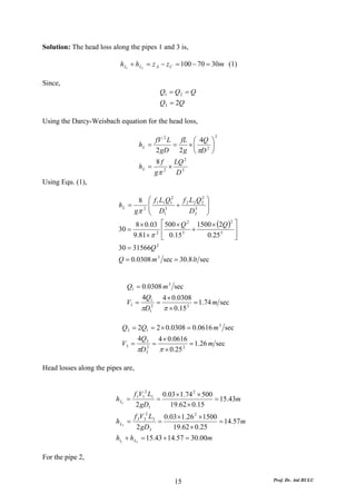 Solution: The head loss along the pipes 1 and 3 is,

                           h L1 + h L3 = z A − z C = 100 − 70 = 30m (1)

Since,
                                                 Q1 = Q 2 = Q
                                                 Q3 = 2Q

Using the Darcy-Weisbach equation for the head loss,

                                                                       2
                                         fV 2 L fL ⎛ 4Q ⎞
                                    hL =       =    ×⎜   ⎟
                                         2 gD 2 g ⎝ πD 2 ⎠
                                         8f    LQ 2
                                    hL =      × 5
                                         gπ 2 D
Using Equ. (1),

                                 8 ⎛ f 1 L1Q12 f 2 L 2 Q 2 ⎞
                                                         2
                          hL =       ⎜         +           ⎟
                               gπ 2 ⎜ D15
                                     ⎝              D2 ⎟
                                                      5
                                                           ⎠
                                8 × 0.03 ⎡ 500 × Q 2 1500 × (2Q ) ⎤
                                                                  2

                          30 =            ⎢         +               ⎥
                               9.81× π 2 ⎣ 0.15 5          0.25 5   ⎦
                          30 = 31566Q 2
                          Q = 0.0308 m 3 sec = 30.8 lt sec


                             Q1 = 0.0308 m 3 sec
                                     4Q1             4 × 0.0308
                             V1 =                =              = 1.74 m sec
                                     πD     1
                                             2
                                                     π × 0.15 2

                           Q3 = 2Q1 = 2 × 0.0308 = 0.0616 m 3 sec
                                    4Q3          4 × 0.0616
                           V3 =              =              = 1.26 m sec
                                   πD   2
                                        3        π × 0.25 2

Head losses along the pipes are,


                                   f 1V12 L1 0.03 ×1.74 2 × 500
                         h L1 =             =                   = 15.43m
                                    2 gD1       19.62 × 0.15
                                   f 3V32 L3 0.03 × 1.26 2 ×1500
                         h L3 =             =                    = 14.57 m
                                    2 gD3       19.62 × 0.25
                         hl1 + h L3 = 15.43 + 14.57 = 30.00m

For the pipe 2,


                                                         15                    Prof. Dr. Atıl BULU
 