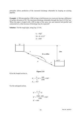 principles allows prediction of the increased discharge obtainable by looping an existing
pipeline.


Example: A 300 mm pipeline 1500 m long is laid between two reservoirs having a difference
of surface elevation of 24. The maximum discharge obtainable through this line is 0.15m3/sec.
When this pipe is looped with a 600 m pipe of the same size and material laid parallel and
connected to it, what increase of discharge may be expected?

Solution: For the single pipe, using Equ. (3.14),


                                          h L = KQ 2
                                          24 = K × 0.15 2
                                          K = 1067




                               1                                          24m
                                                       B, LB=600m




                                            A
                                                                    1




                                           Figure 3.11
K for the looped section is,

                                         L2     600
                                   KA =     K=      ×1067
                                          L    1500
                                   K A = 427

For the unlooped section,


                                          L − L2
                                    K′ =         K
                                            L
                                          1500 − 600
                                    K′ =             ×1067
                                             1500
                                    K ′ = 640




                                                18                              Prof. Dr. Atıl BULU
 