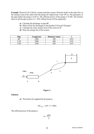 Example: Reservoir D is fed by a pump and pipe system. Pressure heads in the pipe flow at
the entrance and at the outlet from the pump are respectively 5 and 105 m. The geometric of
the pipe before the pump is 0.50 m. The efficient power of the pump is 75 kW. The friction
factor at all the pipe system is f = 0.03. (Minor losses will be neglected).

            a)   Calculate the discharge in pipe BC,
            b)   What will be the discharges in the parallel C1D and C2D pipes?
            c)   Calculate the water surface level of the reservoir D.
            d)   Draw the energy line of the system.


       Pipe                    Length (m)         Diameter (mm)                f
       BC                         1000                300                    0.03
       C1D                        3000                400                    0.03
       C2D                        1500                200                    0.03




                                                                              D

                                                                1




                 0.50m                                              2
                             Pump                       C




                         A            B




                                            Figure 3.

Solution:

            a) The head to be supplied by the pump is,


                                     ΔH pump = 105 − 5 = 100m

The efficient power of the pump is,

                                                 γQH
                                            N=
                                                  η



                                               28                                 Prof. Dr. Atıl BULU
 
