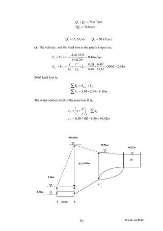 Q1 + Q 2 = 76 m 3 sec
                                   5Q 2 = 76 lt sec


                            Q1 = 15.2 lt sec          Q 2 = 60.8 lt sec

c) The velocity and the head loss in the parallel pipes are,

                                4 × 0.0152
              V1 = V 2 = V =                = 0.48 m sec
                                π × 0.20 2
                               f V2           0.03 0.48 2
              h L1 = h L2   =    ×     × L1 =      ×      × 3000 = 2.64m
                              D1 2 g          0.40 19.62

Total head loss is,

                                ∑h    L   = h LBC + h L1
                                ∑h    L   = 5.94 + 2.64 = 8.58m

The water surface level of the reservoir D is,

                                    ⎛    p⎞
                              z D = ⎜ z + ⎟ − ∑ hL
                                    ⎜
                                    ⎝    γ ⎟B
                                           ⎠
                              z D = 0.50 + 105 − 8.58 = 96.92m




                              105.50m

                                                               99.56m
                                                                            96.92m




                                                                               D
                                          p/ γ=100m




          5.50m


                                                           C


  0.50m



                  A    pump       B




                                           30                             Prof. Dr. Atıl BULU
 