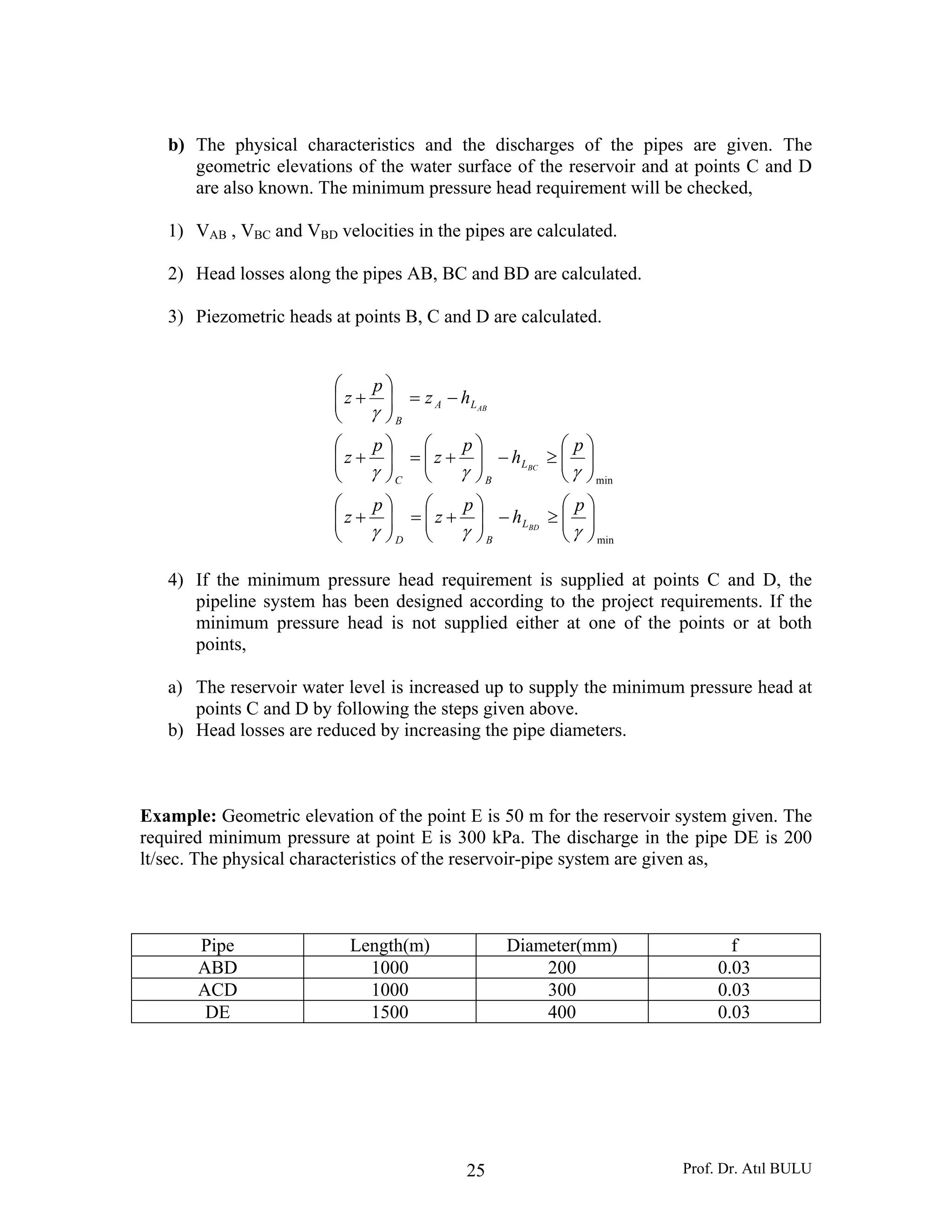 Prof. Dr. Atıl BULU25
b) The physical characteristics and the discharges of the pipes are given. The
geometric elevations of the water surface of the reservoir and at points C and D
are also known. The minimum pressure head requirement will be checked,
1) VAB , VBC and VBD velocities in the pipes are calculated.
2) Head losses along the pipes AB, BC and BD are calculated.
3) Piezometric heads at points B, C and D are calculated.
min
min
⎟⎟
⎠
⎞
⎜⎜
⎝
⎛
≥−⎟⎟
⎠
⎞
⎜⎜
⎝
⎛
+=⎟⎟
⎠
⎞
⎜⎜
⎝
⎛
+
⎟⎟
⎠
⎞
⎜⎜
⎝
⎛
≥−⎟⎟
⎠
⎞
⎜⎜
⎝
⎛
+=⎟⎟
⎠
⎞
⎜⎜
⎝
⎛
+
−=⎟⎟
⎠
⎞
⎜⎜
⎝
⎛
+
γγγ
γγγ
γ
p
h
p
z
p
z
p
h
p
z
p
z
hz
p
z
BD
BC
AB
L
BD
L
BC
LA
B
4) If the minimum pressure head requirement is supplied at points C and D, the
pipeline system has been designed according to the project requirements. If the
minimum pressure head is not supplied either at one of the points or at both
points,
a) The reservoir water level is increased up to supply the minimum pressure head at
points C and D by following the steps given above.
b) Head losses are reduced by increasing the pipe diameters.
Example: Geometric elevation of the point E is 50 m for the reservoir system given. The
required minimum pressure at point E is 300 kPa. The discharge in the pipe DE is 200
lt/sec. The physical characteristics of the reservoir-pipe system are given as,
Pipe Length(m) Diameter(mm) f
ABD 1000 200 0.03
ACD 1000 300 0.03
DE 1500 400 0.03
 