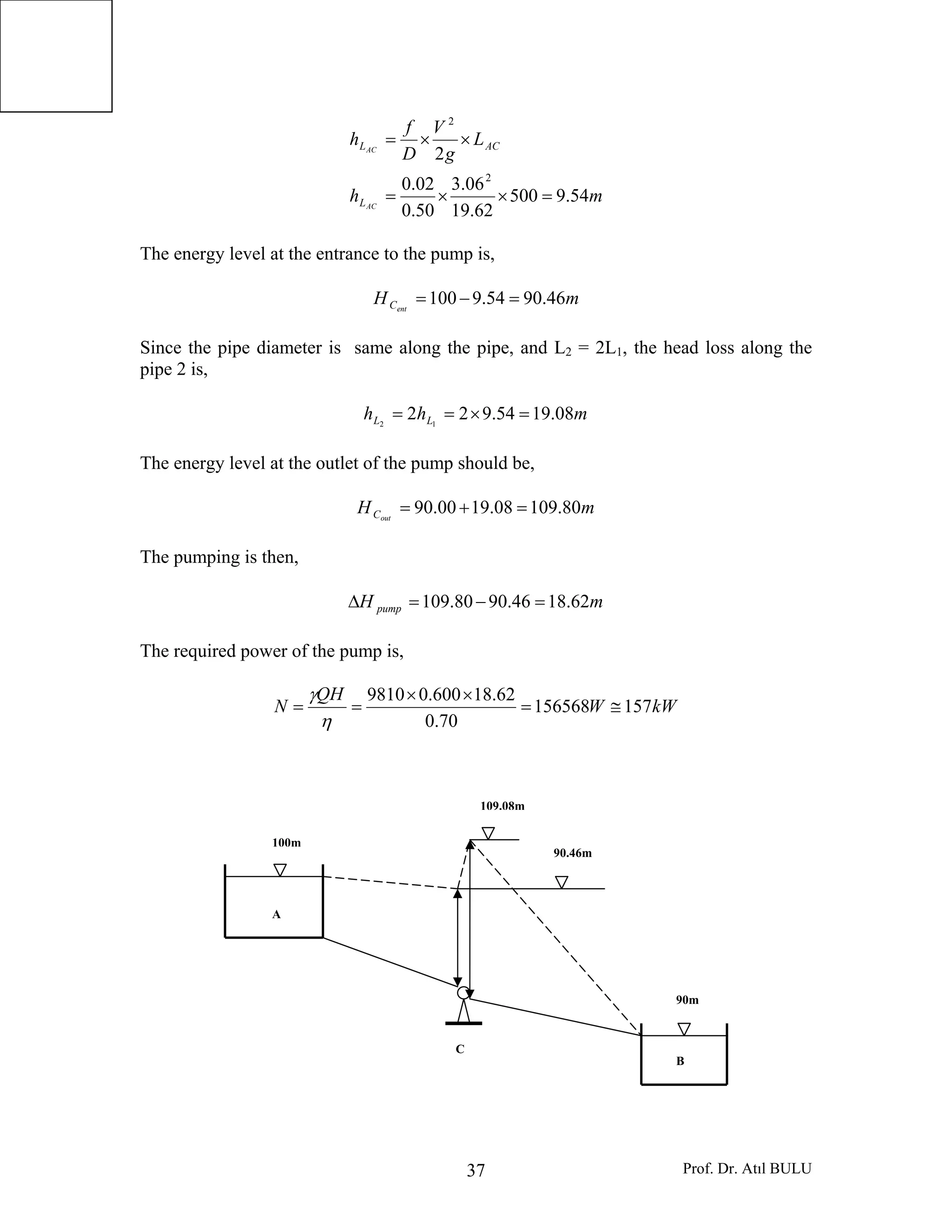 Prof. Dr. Atıl BULU37
mh
L
g
V
D
f
h
AC
AC
L
ACL
54.9500
62.19
06.3
50.0
02.0
2
2
2
=××=
××=
The energy level at the entrance to the pump is,
mH entC 46.9054.9100 =−=
Since the pipe diameter is same along the pipe, and L2 = 2L1, the head loss along the
pipe 2 is,
mhh LL 08.1954.922 12
=×==
The energy level at the outlet of the pump should be,
mH outC 80.10908.1900.90 =+=
The pumping is then,
mH pump 62.1846.9080.109 =−=Δ
The required power of the pump is,
kWW
QH
N 157156568
70.0
62.18600.09810
≅=
××
==
η
γ
A
100m
90m
C
B
90.46m
109.08m
 