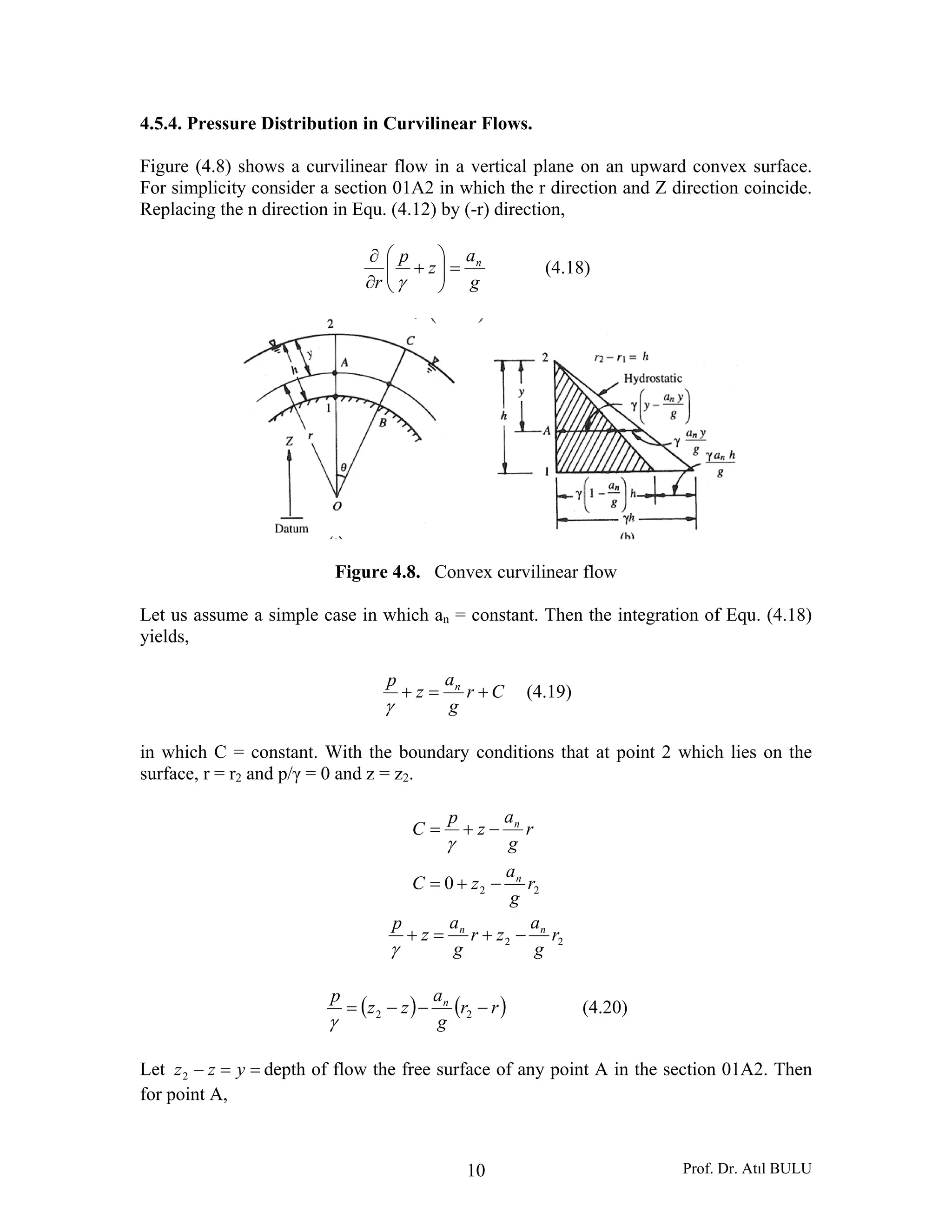Prof. Dr. Atıl BULU10
4.5.4. Pressure Distribution in Curvilinear Flows.
Figure (4.8) shows a curvilinear flow in a vertical plane on an upward convex surface.
For simplicity consider a section 01A2 in which the r direction and Z direction coincide.
Replacing the n direction in Equ. (4.12) by (-r) direction,
g
a
z
p
r
n
=⎟⎟
⎠
⎞
⎜⎜
⎝
⎛
+
∂
∂
γ
(4.18)
Figure 4.8. Convex curvilinear flow
Let us assume a simple case in which an = constant. Then the integration of Equ. (4.18)
yields,
Cr
g
a
z
p n
+=+
γ
(4.19)
in which C = constant. With the boundary conditions that at point 2 which lies on the
surface, r = r2 and p/γ = 0 and z = z2.
220 r
g
a
zC
r
g
a
z
p
C
n
n
−+=
−+=
γ
22 r
g
a
zr
g
a
z
p nn
−+=+
γ
( ) ( )rr
g
a
zz
p n
−−−= 22
γ
(4.20)
Let ==− yzz2 depth of flow the free surface of any point A in the section 01A2. Then
for point A,
 