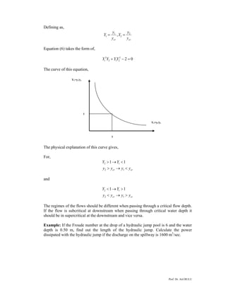 Defining as,
                                           y1         y
                                    Y1 =       , Y2 = 2
                                           ycr       ycr

Equation (6) takes the form of,

                                   Y12Y2 + Y1Y22 − 2 = 0

The curve of this equation,

                Y1=y1/yc




                           1


                                                               Y2=y2/yc




                                           1


The physical explanation of this curve gives,

For,
                                   Y2 > 1 → Y1 < 1
                                   y2 > ycr → y1 < ycr

and

                                   Y2 < 1 → Y1 > 1
                                   y2 < ycr → y1 > ycr

The regimes of the flows should be different when passing through a critical flow depth.
If the flow is subcritical at downstream when passing through critical water depth it
should be in supercritical at the downstream and vice versa.

Example: If the Froude number at the drop of a hydraulic jump pool is 6 and the water
depth is 0.50 m, find out the length of the hydraulic jump. Calculate the power
dissipated with the hydraulic jump if the discharge on the spillway is 1600 m3/sec.




                                                                          Prof. Dr. Atıl BULU
 