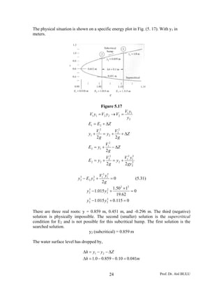 Prof. Dr. Atıl BULU24
The physical situation is shown on a specific energy plot in Fig. (5. 17). With y1 in
meters.
Figure 5.17
2
11
22211
y
yV
VyVyV =→=
2
2
2
1
2
1
2
2
2
22
2
1
12
2
2
2
2
1
1
21
22
2
22
gy
yV
y
g
V
yE
Z
g
V
yE
Z
g
V
y
g
V
y
ZEE
+=+=
Δ−+=
Δ++=+
Δ+=
0
2
2
1
2
12
22
3
2 =+−
g
yV
yEy (5.31)
0115.0015.1
0
62.19
150.1
015.1
2
2
3
2
22
2
2
3
2
=+−
=
×
+−
yy
yy
There are three real roots: y = 0.859 m, 0.451 m, and -0.296 m. The third (negative)
solution is physically impossible. The second (smaller) solution is the supercritical
condition for E2 and is not possible for this subcritical hump. The first solution is the
searched solution.
y2 (subcritical) = 0.859 m
The water surface level has dropped by,
mh
Zyyh
041.010.0859.00.1
21
=−−=Δ
Δ−−=Δ
 