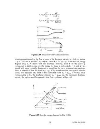 Prof. Dr. Atıl BULU26
2
2
2
2
2
2
2
2
22
2
1
2
1
2
1
2
1
11
22
22
ygB
Q
y
g
V
yE
ygB
Q
y
g
V
yE
+=+=
+=+=
Figure 5.18. Transition with width constriction
It is convenient to analyze the flow in terms of the discharge intensity q = Q/B. At section
1, q1 = Q/B1 and at section 2, q2 = Q/B2. Since B2 < B1, q2 > q1. In the specific energy
diagram (Fig. 5.19) drawn with the discharge intensity, point P on the curve q1
corresponds to depth y1 and specific energy E1. Since at section 2, E2 = E1 and q = q2,
point P will move vertically downward to point R on the curve q2 to reach the depth y2.
Thus, in subcritical flow the depth is y2 < y1. If B2 is made smaller, then q2 will increase
and y2 will decrease. The limit of the contracted width B2 = B2min is reached when
corresponding to E1, the discharge intensity q2 = q2max, i.e. the maximum discharge
intensity for a given specific energy (critical flow condition) will prevail.
Figure 5.19. Specific energy diagram for Fig. (5.18)
 
