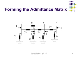 Forming the Admittance Matrix

              1              y13               3               4
         I1                                              y34
                                  2                                 I4
                  y12                 y23
                             I2                     I3
    y1                                                         y4
                        y2               y3




                             POWER SYSTEM 2 - EPO 643                    22
 