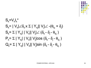 Sk=VkIk*
Sk= | Vk|∠δk x Σ | Ykj|| Vj|∠ -(θkj + δj)
Sk= Σ | Ykj| | Vk|| Vj|∠ (δk - δj - θkj )
Pk= Σ | Ykj| | Vk|| Vj|cos (δk - δj - θkj )
Qk= Σ | Ykj| | Vk|| Vj|sin (δk - δj - θkj )



                        POWER SYSTEM 2 - EPO 643   30
 
