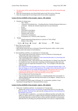 Lecture Notes, Data Structures                                                   Sanjay Goel, JIIT, 2004


    5. The data tanks will be realised through data structures and the verbs will be realised through
       algorithms.
    6. Draw the concept map for your chosen family game as per first exercise of the day.
    7. Draw the concept map for your design stories of your earlier assignments.

Lecture 10 (1 hr.) (24.08.04) (Class strength : Approx. 180 students)

    1. Elements of a design story:
            -   Plot / Theme
           -    Characters with defined roles : (Anything that has a Stimulus-Response behaviour is
               a character. Identify the stimulus-response pairs for your characters)
           - Events
           - Sequence
           - Time based events/objects
           - Interactive events/objects
           - Characters take Actions
           - Actions have consequences
           - Consequences are actions by other characters.
    2.  Design
          -    Regard engineering design practice as a process of "story telling".
           - Design is story telling
           Stories      Design         Concept            Prototype ………              Product
    3. Some Tips on story writing
       - Experience lots of stories
       - Start with the whole and move to the parts: Present the big picture within a whole- system
         global context and connect to local initiatives.

    4. Some Guidelines and hints on construction of Concept maps
        - This concept map will provide a birds-eye view of a collection of interacting and
             collaborating data tanks and data items.
        - This Concept map will be a diagram of inter-connected data tanks via processing units
             with marked labeled boxes and arrows.
        - Give indication of what, when and how does some data move or change in any data tank.
        - Use double line boxes for data tanks containing several homogeneous data items and
             single line boxes for single data item/packets, if any. Give examples of the data inside
             each data tank.
        - Put a small circle on the top right corner of boxes, if it represents dynamic data i.e. the
             data can change as a result of valid operations. Put another circle on the top left corner, if
             the data population size can change during processing. This dynamic data is not to be
             confused with dynamic data structure as this higher level of dynamism can be
             implemented with dynamic or static data structures at lower layer.
        - Use oval shape boxes for processing units.
        - Your concept map should be hierarchical i.e. it should gradually show more details in
             different diagrams rather than showing all the details in one diagram. Initially focus on
             most critical aspects.
    5. Write a detailed story (half a page to full page) for an automation problem. Create
        hierarchical Concept Map for it. Document all the versions.

Lecture 11 (2 hr.) (26.08.04) (Class strength : Approx. 100 students)

    1.   Some more Guidelines and hints on construction of Concept maps:
         -  Mention the strategic positions and attributes of typical data item for every data tank.
           Draw two dotted horizontal lines and write the strategic positions in the central portion
           and attributes in the lower.
         - If your data tank is compound i.e. you need some additional ancillary and smaller data
            tanks (e.g. indices and so on) to support efficient searching of appropriate data items in
            the principal data tank, include the names of these ancillary data tanks in the principal
            data tank itself. by dividing your principal data tank in two units by a single horizontal
 
