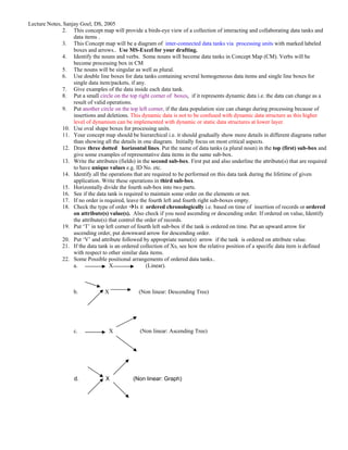 Lecture Notes, Sanjay Goel, DS, 2005
              2. This concept map will provide a birds-eye view of a collection of interacting and collaborating data tanks and
                   data items .
              3. This Concept map will be a diagram of inter-connected data tanks via processing units with marked labeled
                   boxes and arrows.. Use MS-Excel for your drafting.
              4. Identify the nouns and verbs. Some nouns will become data tanks in Concept Map (CM). Verbs will be
                   become processing box in CM
              5. The nouns will be singular as well as plural.
              6. Use double line boxes for data tanks containing several homogeneous data items and single line boxes for
                   single data item/packets, if any.
              7. Give examples of the data inside each data tank.
              8. Put a small circle on the top right corner of boxes, if it represents dynamic data i.e. the data can change as a
                   result of valid operations.
              9. Put another circle on the top left corner, if the data population size can change during processing because of
                   insertions and deletions. This dynamic data is not to be confused with dynamic data structure as this higher
                   level of dynamism can be implemented with dynamic or static data structures at lower layer.
              10. Use oval shape boxes for processing units.
              11. Your concept map should be hierarchical i.e. it should gradually show more details in different diagrams rather
                   than showing all the details in one diagram. Initially focus on most critical aspects.
              12. Draw three dotted horizontal lines. Put the name of data tanks (a plural noun) in the top (first) sub-box and
                   give some examples of representative data items in the same sub-box.
              13. Write the attributes (fields) in the second sub-box. First put and also underline the attribute(s) that are required
                   to have unique values e.g. ID No. etc.
              14. Identify all the operations that are required to be performed on this data tank during the lifetime of given
                   application. Write these operations in third sub-box.
              15. Horizontally divide the fourth sub-box into two parts.
              16. See if the data tank is required to maintain some order on the elements or not.
              17. If no order is required, leave the fourth left and fourth right sub-boxes empty.
              18. Check the type of order Is it ordered chronologically i.e. based on time of insertion of records or ordered
                   on attribute(s) value(s). Also check if you need ascending or descending order. If ordered on value, Identify
                   the attribute(s) that control the order of records.
              19. Put ‘T’ in top left corner of fourth left sub-box if the tank is ordered on time. Put an upward arrow for
                   ascending order, put downward arrow for descending order.
              20. Put ‘V’ and attribute followed by appropriate name(s) arrow if the tank is ordered on attribute value.
              21. If the data tank is an ordered collection of Xs, see how the relative position of a specific data item is defined
                   with respect to other similar data items.
              22. Some Possible positional arrangements of ordered data tanks..
                   a.               X                (Linear).



                    b.            X              (Non linear: Descending Tree)




                    c.              X             (Non linear: Ascending Tree)




                    d.            X            (Non linear: Graph)
 
