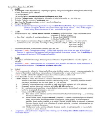 Lecture Notes, Sanjay Goel, DS, 2005
   11. 16.8.05
      1. Genealogical chart : Algorithmically computing non-primary family relationships from primary family relationships
         of father, mother and spouse. Options:
         Use program logic or
         Use program logic + relationship definition stored as structured data.
    2. Designing Coding schemes: encoding useful information or just a serial number or a mix of the two.
    3. Designing Codes for members of genealogical tree.
    4. Algorithms for Query processing over stored genealogical database.
    5. Storage of Truth tables.
    6. Individual Assignment: Propose storage scheme for any 5 variable Boolean functions. WAP to compute the output the
                        result for user inputted Boolean values of 5 variables as per stored function. Write another program
                        without storing the Boolean function as data. Evaluate the two options.
   12. 18.8.05
    1. Storage scheme for any 5 variable Boolean functions (truth tables) : different options, 5 input variables and output
                                                                   variable are all Boolean variables.
         a. Store Binary output for all possible combinations: i. Boolean TruthTable[2][2][2][2][2]
                                                                     ii. Boolean TruthTable[32]
         b. Store only those combinations of input variables for which the output is 1 in an array. The input variable
             combinations can be encoded as char string, bit string, or decimal numbers. Char TruthTable[32][5]
                                                                                                Byte TruthTable[32]
                                                                                                Char TruthTable[32]
    2. Performance evaluation of these options in terms of space and time.
    3. Assignment [2 marks]: Generate more options? Evaluate these options in terms of time and space. Write different
             functions for realization of the function of truth table using each of these storage options. Test the scalability of
             your design with functions of 4000 hexadecimal variables.

   13.   20.8.05
    1.   More options for Truth Table storage: Store only those combinations of input variables for which the output is 1 in a
         linked list.
    2.   Assignment [2 marks]: WAP to allow the user to enter names, store the names in a linked list, display the name list in
         forward as well reverse order. Use linked list to store the truth table.

   14.   23.08.05
    1.    Vivek’s non recursive solution for list traversal without using significant number temporary variables, or changing the
          stucture of the ;list from singly linked to doubly linked. Estimated number of nodes to be traversed is O(n2)
    2.    Tanu’s recursive solutions for linked list traversal : forward traversal, backward traversal.
    3.    Count the number of nodes traversed in recursive solution.
    4.    Tabular Analysis of control flow, lifetime of variables, and variable visibility in recursive algorithms.
           i.       Number all executable statements in the source code (including the last ‘}’ (indicating the return or end of
                    function) of the functions and also of the main), as 1,2,3, and so on.
           ii.      Each call of recursive function as expected to be made at run time is numbered as i, ii, iii, and so on.
           iii.     Hence each run time statement is numbered as i.1, i.2,.., ii.1, ii.2,….and so on.
           iv.      Key variables (parameters and local variables declared within recursive function) such as varname1 are also
                    labeled as i.varname1, ii.varname1, and so on.
           v.       Create a control flow analysis table,
                     v.i. First column has the estimated run time statement number of current statement (e.g. i.1,i.2) simulating
                            the logic of control flow,
                     v.ii. Second column has list of key live variables (i.varname1, ii.varname1) and their respective estimated
                            values after executing the current statement. Underline the visible variables as earlier versions of
                            variables, though are live (available in the memory) become invisible during the later calls of functions.
                            On return from the jth call of the a functions all variables labeled as j.varnamex become dead and are
                            no more available in the memory.
                     v.iii. Third column has the run time estimated statement number of next statement to be executed after
                            execution of current statement.
    5.    Assignment: Analyze all recursive programs so far written by you with the help of this tabular analysis technique as
          discussed in the class.
 