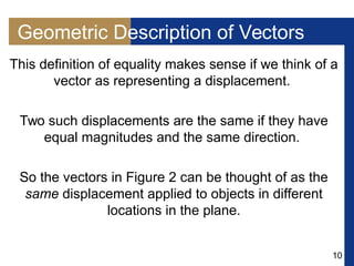 10
Geometric Description of Vectors
This definition of equality makes sense if we think of a
vector as representing a displacement.
Two such displacements are the same if they have
equal magnitudes and the same direction.
So the vectors in Figure 2 can be thought of as the
same displacement applied to objects in different
locations in the plane.
 