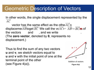 12
Geometric Description of Vectors
In other words, the single displacement represented by the
vector has the same effect as the other two
displacements together. We call the vector the sumsum of
the vectors and , and we write .
(The zero vector, denoted by 0, represents no
displacement.)
Thus to find the sum of any two vectors
u and v, we sketch vectors equal to
u and v with the initial point of one at the
terminal point of the other
(see Figure 4(a)).
Addition of vectors
Figure 4(a)
 