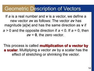 14
Geometric Description of Vectors
If a is a real number and v is a vector, we define a
new vector av as follows: The vector av has
magnitude |a||v| and has the same direction as v if
a > 0 and the opposite direction if a < 0. If a = 0, then
av = 0, the zero vector.
This process is called multiplication of a vector bymultiplication of a vector by
a scalara scalar. Multiplying a vector av by a scalar has the
effect of stretching or shrinking the vector.
 