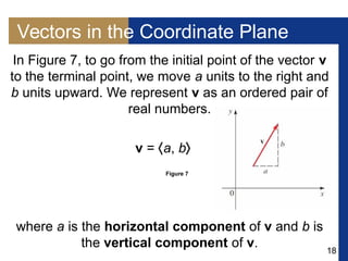 18
Vectors in the Coordinate Plane
In Figure 7, to go from the initial point of the vector v
to the terminal point, we move a units to the right and
b units upward. We represent v as an ordered pair of
real numbers.
v = a, b
where a is the horizontal component of v and b is
the vertical component of v.
Figure 7
 