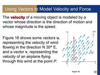 39
Using Vectors to Model Velocity and Force
The velocityvelocity of a moving object is modeled by a
vector whose direction is the direction of motion and
whose magnitude is the speed.
Figure 16 shows some vectors u,
representing the velocity of wind
flowing in the direction N 30 E,
and a vector v, representing the
velocity of an airplane flying
through this wind at the point P.
Figure 16
 