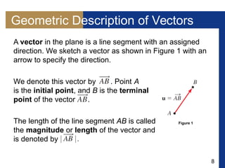 8
Geometric Description of Vectors
A vector in the plane is a line segment with an assigned
direction. We sketch a vector as shown in Figure 1 with an
arrow to specify the direction.
We denote this vector by . Point A
is the initial point, and B is the terminal
point of the vector .
The length of the line segment AB is called
the magnitude or length of the vector and
is denoted by
Figure 1
 