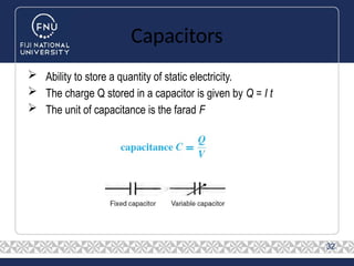 Capacitors
 Ability to store a quantity of static electricity.
 The charge Q stored in a capacitor is given by Q = I t
 The unit of capacitance is the farad F
32
 
