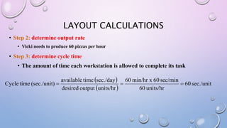 LAYOUT CALCULATIONS CONT.
Step 4: Assign task to work station
• Make sure the sum of task times at any station does not exceed the cycle time.
• There are rules that can be followed if there is a choice of task to assign to a station .
1.Number of follower rule
Select the task will have the most number of followers
2.Longest task time rule
Select the task with the longest task time.
 