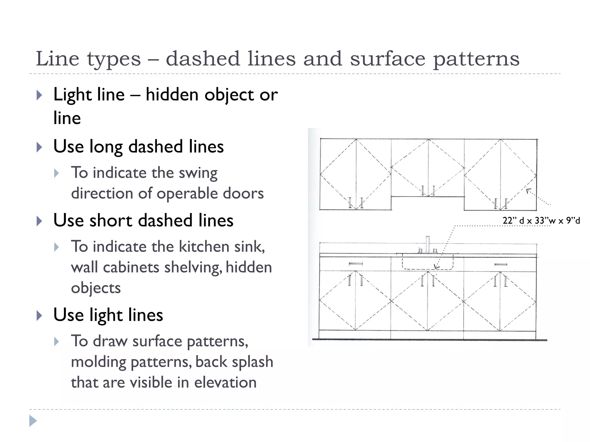 Line types – dashed lines and surface patterns
 Light line – hidden object or
line
 Use long dashed lines
 To indicate the swing
direction of operable doors
 Use short dashed lines
 To indicate the kitchen sink,
wall cabinets shelving, hidden
objects
 Use light lines
 To draw surface patterns,
molding patterns, back splash
that are visible in elevation
22” d x 33”w x 9”d
 
