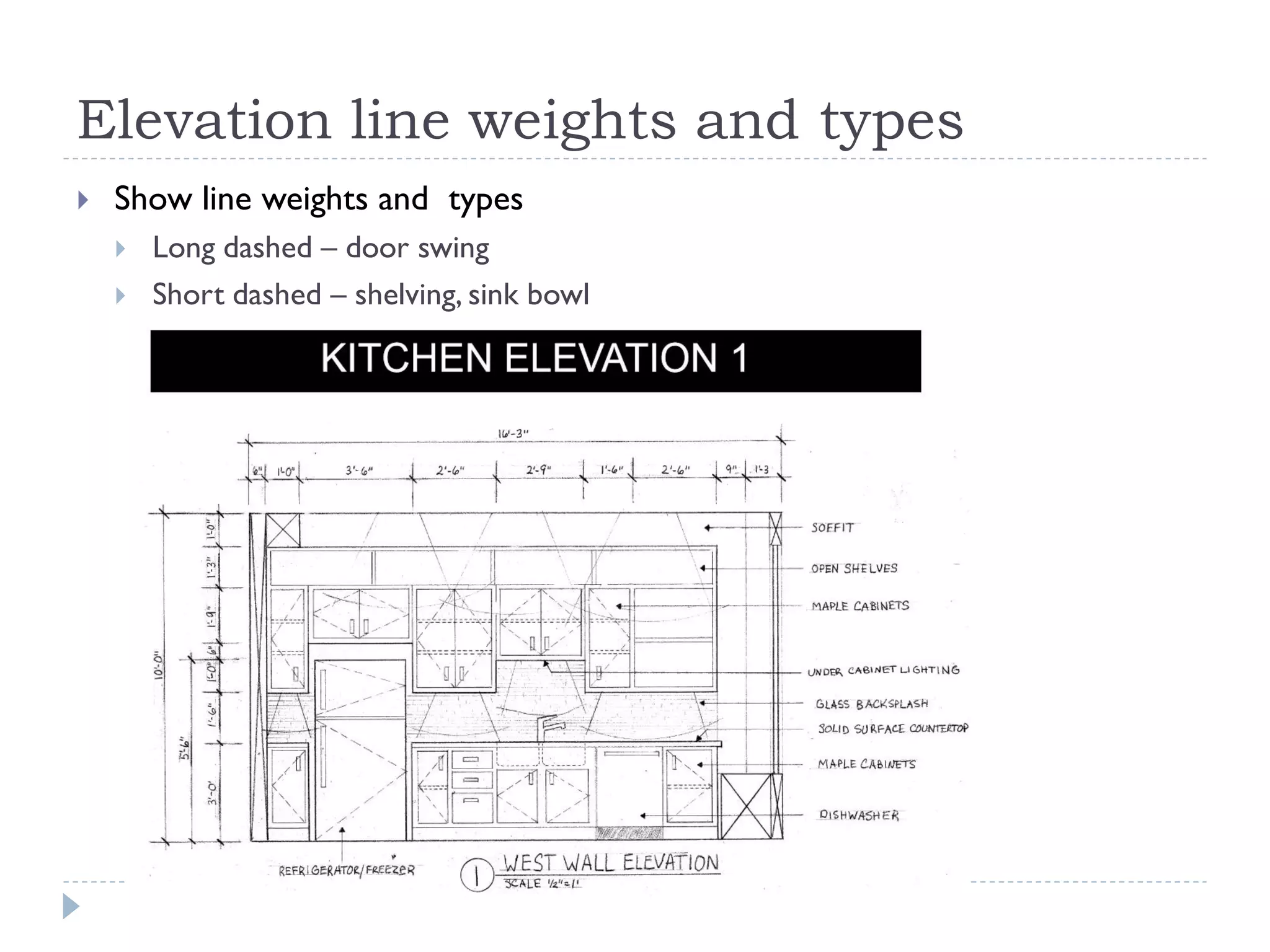 Elevation line weights and types
 Show line weights and types
 Long dashed – door swing
 Short dashed – shelving, sink bowl
 