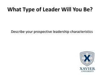 What Type of Leader Will You Be?
Describe your prospective leadership characteristics
 