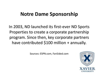 Notre Dame Sponsorship
In 2003, ND launched its first-ever ND Sports
Properties to create a corporate partnership
program....