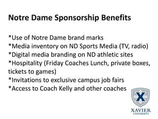 Notre Dame Sponsorship Benefits
*Use of Notre Dame brand marks
*Media inventory on ND Sports Media (TV, radio)
*Digital me...