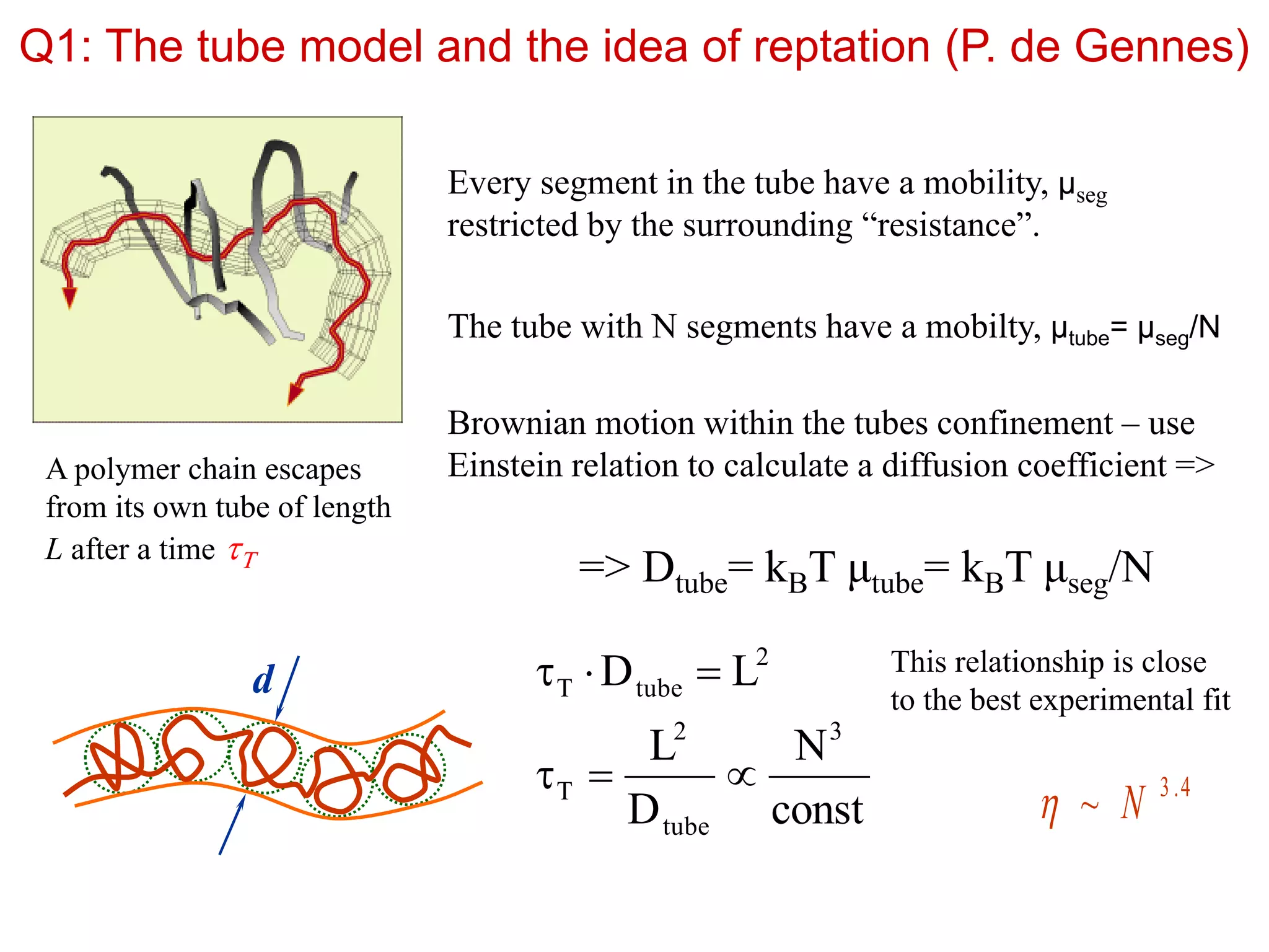 Q1: The tube model and the idea of reptation (P. de Gennes)
Every segment in the tube have a mobility, μseg
restricted by the surrounding “resistance”.
The tube with N segments have a mobilty, μtube= μseg/N
Brownian motion within the tubes confinement – use
Einstein relation to calculate a diffusion coefficient =>
=> Dtube= kBT μtube= kBT μseg/N
A polymer chain escapes
from its own tube of length
L after a time T
const
N
D
L
LD
3
tube
2
T
2
tubeT

d This relationship is close
to the best experimental fit
4.3
~ N
 