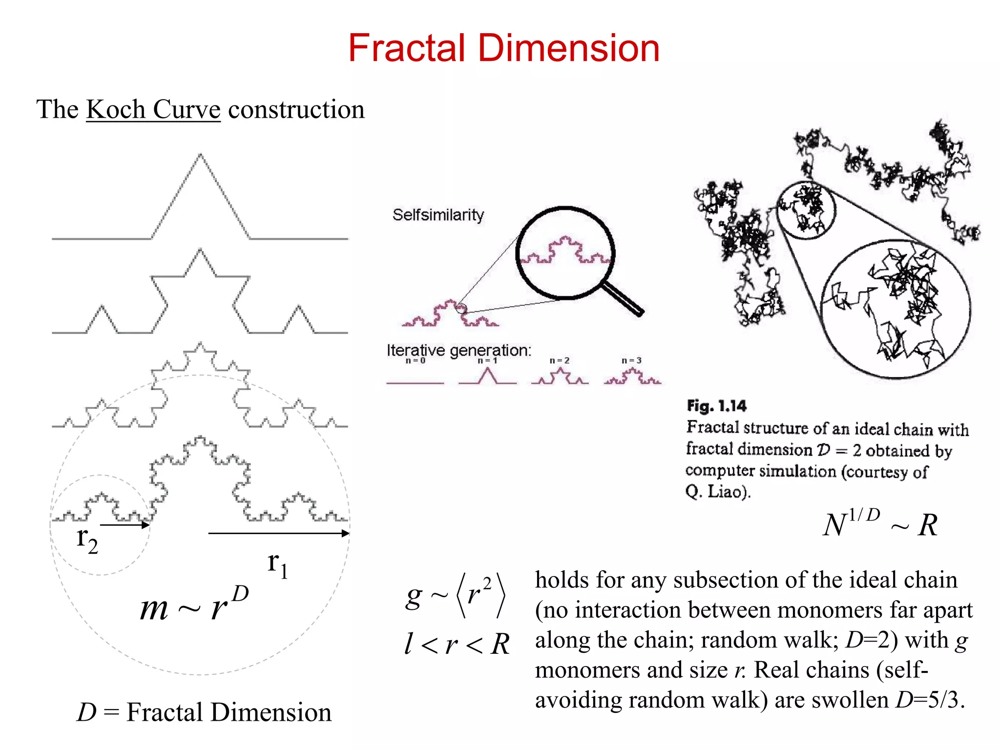 The Koch Curve construction
Fractal Dimension
r2
r1
D
rm ~
D = Fractal Dimension
2
~ rg
holds for any subsection of the ideal chain
(no interaction between monomers far apart
along the chain; random walk; D=2) with g
monomers and size r. Real chains (self-
avoiding random walk) are swollen D=5/3.
Rrl 
RN D
~/1
 
