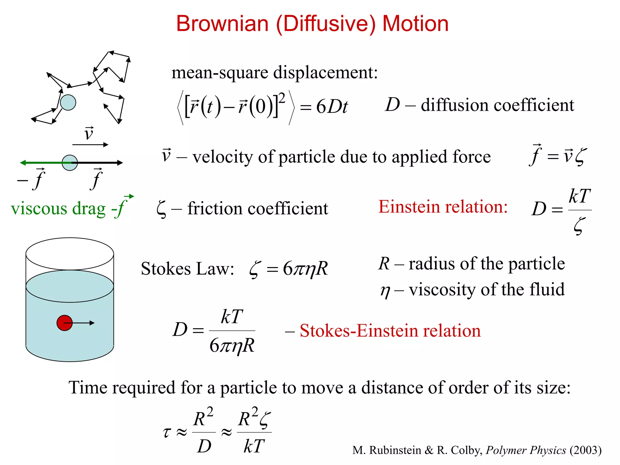 – velocity of particle due to applied force
Brownian (Diffusive) Motion
     Dtrtr 60 2

 D – diffusion coefficient
f

v

v

f


vf


Einstein relation:

kT
D 
Stokes Law: R 6 R – radius of the particle
 – viscosity of the fluid
R
kT
D
6
 – Stokes-Einstein relation
mean-square displacement:
viscous drag -f  – friction coefficient
kT
R
D
R 

22

Time required for a particle to move a distance of order of its size:
M. Rubinstein & R. Colby, Polymer Physics (2003)
 