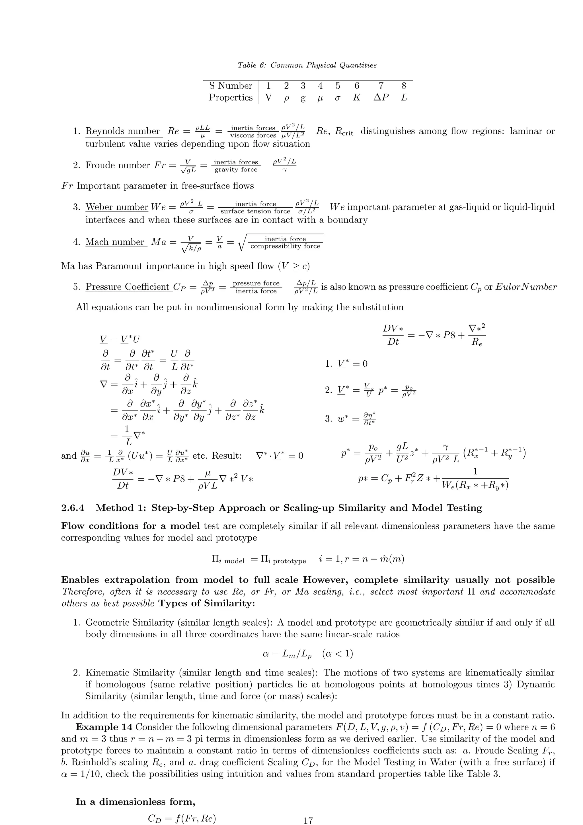 Table 6: Common Physical Quantities
S Number 1 2 3 4 5 6 7 8
Properties V ρ g µ σ K ∆P L
1. Reynolds number Re = ρLL
µ = inertia forces
viscous forces
ρV 2
/L
µV/L2 Re, Rcrit distinguishes among flow regions: laminar or
turbulent value varies depending upon flow situation
2. Froude number Fr = V
√
gL
= inertia forces
gravity force
ρV 2
/L
γ
Fr Important parameter in free-surface flows
3. Weber number We = ρV 2
L
σ = inertia force
surface tension force
ρV 2
/L
σ/L2 We important parameter at gas-liquid or liquid-liquid
interfaces and when these surfaces are in contact with a boundary
4. Mach number Ma = V
√
k/ρ
= V
a =
q
inertia force
compressibility force
Ma has Paramount importance in high speed flow (V ≥ c)
5. Pressure Coefficient CP = ∆p
ρV 2 = pressure force
inertia force
∆p/L
ρV 2/L is also known as pressure coefficient Cp or EulorNumber
All equations can be put in nondimensional form by making the substitution
V = V ∗
U
∂
∂t
=
∂
∂t∗
∂t∗
∂t
=
U
L
∂
∂t∗
∇ =
∂
∂x
î +
∂
∂y
ĵ +
∂
∂z
k̂
=
∂
∂x∗
∂x∗
∂x
î +
∂
∂y∗
∂y∗
∂y
ĵ +
∂
∂z∗
∂z∗
∂z
k̂
=
1
L
∇∗
and ∂u
∂x = 1
L
∂
x∗ (Uu∗
) = U
L
∂u∗
∂x∗ etc. Result: ∇∗
·V ∗
= 0
DV ∗
Dt
= −∇ ∗ P8 +
µ
ρV L
∇ ∗2
V ∗
DV ∗
Dt
= −∇ ∗ P8 +
∇∗2
Re
1. V ∗
= 0
2. V ∗
=
V o
U p∗
= po
ρV 2
3. w∗
= ∂η∗
∂t∗
p∗
=
po
ρV 2
+
gL
U2
z∗
+
γ
ρV 2 L
R∗−1
x + R∗−1
y

p∗ = Cp + F2
r Z ∗ +
1
We(Rx ∗ +Ry∗)
2.6.4 Method 1: Step-by-Step Approach or Scaling-up Similarity and Model Testing
Flow conditions for a model test are completely similar if all relevant dimensionless parameters have the same
corresponding values for model and prototype
Πi model = Πi prototype i = 1, r = n − m̂(m)
Enables extrapolation from model to full scale However, complete similarity usually not possible
Therefore, often it is necessary to use Re, or Fr, or Ma scaling, i.e., select most important Π and accommodate
others as best possible Types of Similarity:
1. Geometric Similarity (similar length scales): A model and prototype are geometrically similar if and only if all
body dimensions in all three coordinates have the same linear-scale ratios
α = Lm/Lp (α  1)
2. Kinematic Similarity (similar length and time scales): The motions of two systems are kinematically similar
if homologous (same relative position) particles lie at homologous points at homologous times 3) Dynamic
Similarity (similar length, time and force (or mass) scales):
In addition to the requirements for kinematic similarity, the model and prototype forces must be in a constant ratio.
Example 14 Consider the following dimensional parameters F(D, L, V, g, ρ, v) = f (CD, Fr, Re) = 0 where n = 6
and m = 3 thus r = n − m = 3 pi terms in dimensionless form as we derived earlier. Use similarity of the model and
prototype forces to maintain a constant ratio in terms of dimensionless coefficients such as: a. Froude Scaling Fr,
b. Reinhold’s scaling Re, and a. drag coefficient Scaling CD, for the Model Testing in Water (with a free surface) if
α = 1/10, check the possibilities using intuition and values from standard properties table like Table 3.
In a dimensionless form,
CD = f(Fr, Re) 17
 