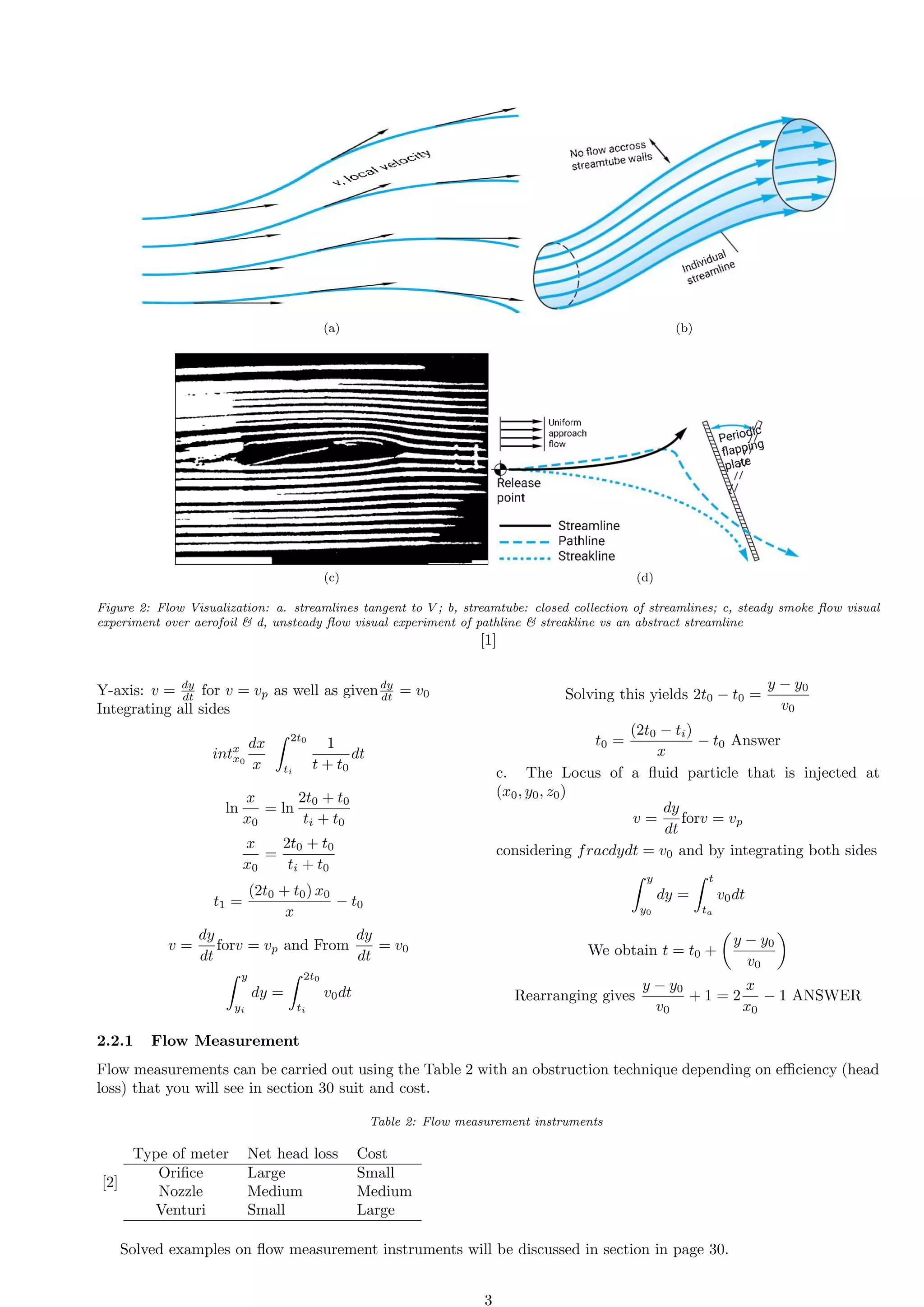 (a) (b)
(c) (d)
Figure 2: Flow Visualization: a. streamlines tangent to V ; b, streamtube: closed collection of streamlines; c, steady smoke flow visual
experiment over aerofoil & d, unsteady flow visual experiment of pathline & streakline vs an abstract streamline
[1]
Y-axis: v = dy
dt for v = vp as well as givendy
dt = v0
Integrating all sides
intx
x0
dx
x
Z 2t0
ti
1
t + t0
dt
ln
x
x0
= ln
2t0 + t0
ti + t0
x
x0
=
2t0 + t0
ti + t0
t1 =
(2t0 + t0) x0
x
− t0
v =
dy
dt
forv = vp and From
dy
dt
= v0
Z y
yi
dy =
Z 2t0
ti
v0dt
Solving this yields 2t0 − t0 =
y − y0
v0
t0 =
(2t0 − ti)
x
− t0 Answer
c. The Locus of a fluid particle that is injected at
(x0, y0, z0)
v =
dy
dt
forv = vp
considering fracdydt = v0 and by integrating both sides
Z y
y0
dy =
Z t
ta
v0dt
We obtain t = t0 +

y − y0
v0

Rearranging gives
y − y0
v0
+ 1 = 2
x
x0
− 1 ANSWER
2.2.1 Flow Measurement
Flow measurements can be carried out using the Table 2 with an obstruction technique depending on efficiency (head
loss) that you will see in section 30 suit and cost.
Table 2: Flow measurement instruments
[2]
Type of meter Net head loss Cost
Orifice Large Small
Nozzle Medium Medium
Venturi Small Large
Solved examples on flow measurement instruments will be discussed in section in page 30.
3
 