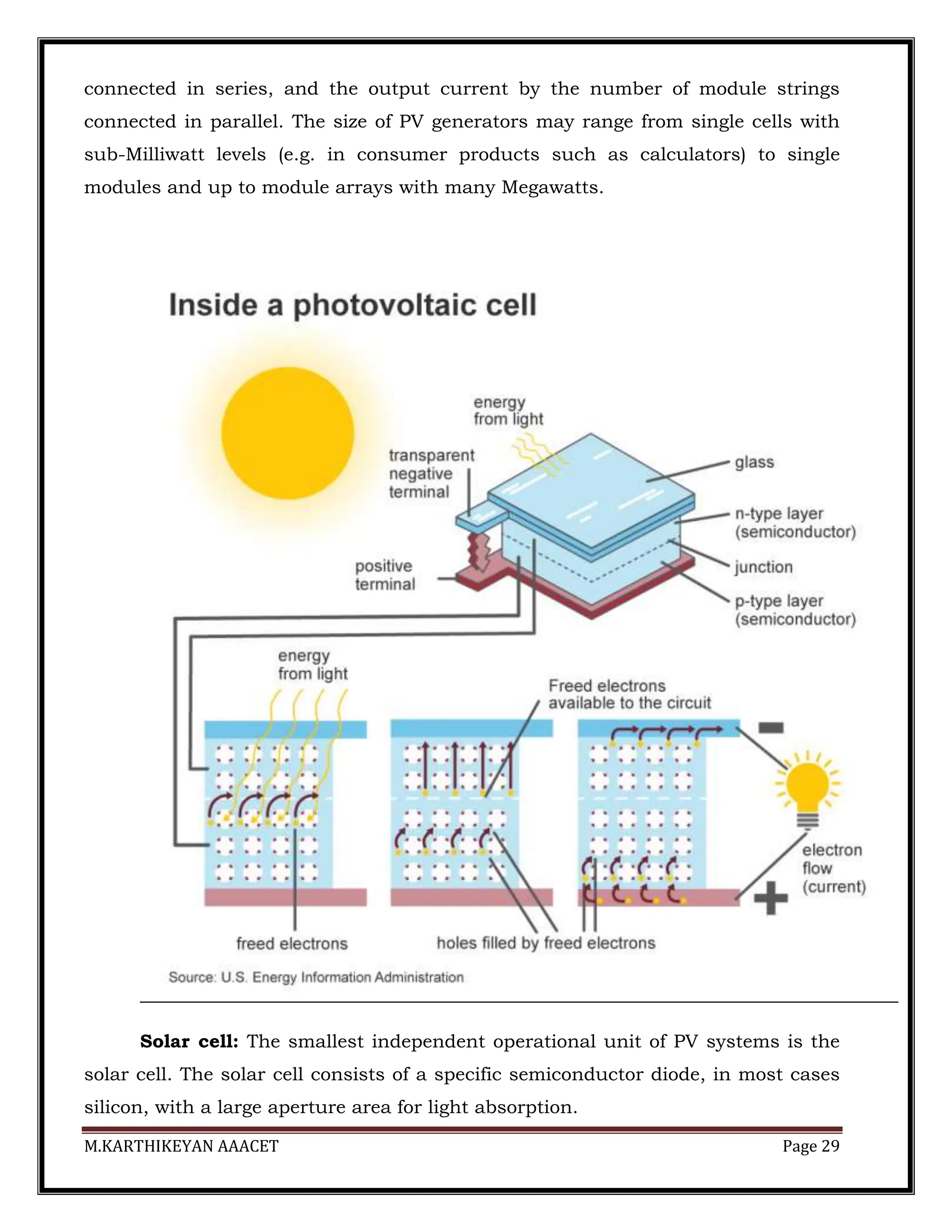 M.KARTHIKEYAN AAACET Page 29
connected in series, and the output current by the number of module strings
connected in parallel. The size of PV generators may range from single cells with
sub-Milliwatt levels (e.g. in consumer products such as calculators) to single
modules and up to module arrays with many Megawatts.
Solar cell: The smallest independent operational unit of PV systems is the
solar cell. The solar cell consists of a specific semiconductor diode, in most cases
silicon, with a large aperture area for light absorption.
 