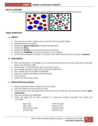 CHEM 1 [GENERAL & INORGANIC CHEMISTRY]
Aklan State University-Ibajay Campus |1st Semester, 2015-2016
© Kenneth D. Barrientos
10
What is a MIXTURE?
o Two or more substances that are mixed together but are NOT chemically bonded.
Types of Elements
a. METALS
 Can be found in the middle and on the left off the Periodic Table.
 Most elements are metals
 Metals are good conductors of heat and electricity.
 Metals are shiny.
 Metals are ductile (can be stretched into thin wires).
 Metals are malleable (can be pounded into thin sheets).
 A chemical property of metal is its reaction with water which results in corrosion (lustrous).
b. NON-METALS
 With the exception f Hydrogen (a non-metal) these are found on the upper-right and right
side of the Periodic Table
 Chemically, no-metals tend t gain e-s to form anions.
 Non-metals are poor conductors of heat and electricity.
 Non-metals are not ductile or malleable.
 Solid non-metals are brittle and break easily.
 They are dull.
 Many non-metals are gases.
c. METALLOIDS (Semi-Metals)
 Share properties of both metals and non-metals.
 They are solids that can be shiny or dull.
 They conduct heat and electricity better than non-metals but not as well as metals (semi-
conductors).
 They are ductile and malleable.
 There are eight (8) of them, located in a staircase pattern between the metals ad
nonmetals:
Boron (B) Antimony (Sb)
Silicon (Si) Tellurium (Te)
Germanium (Ge) Polonium (Po)
Arsenic (As) Astatine (At)
 